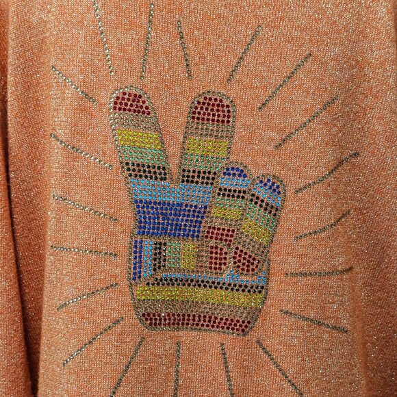Le Superbe Womens Size M Orange Metallic Peace Sign Wool Cashmere Hooded Sweater - Picture 8 of 12